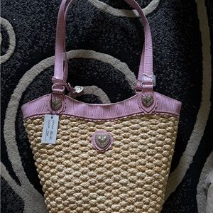 Pink and Tan Straw Tote Bag